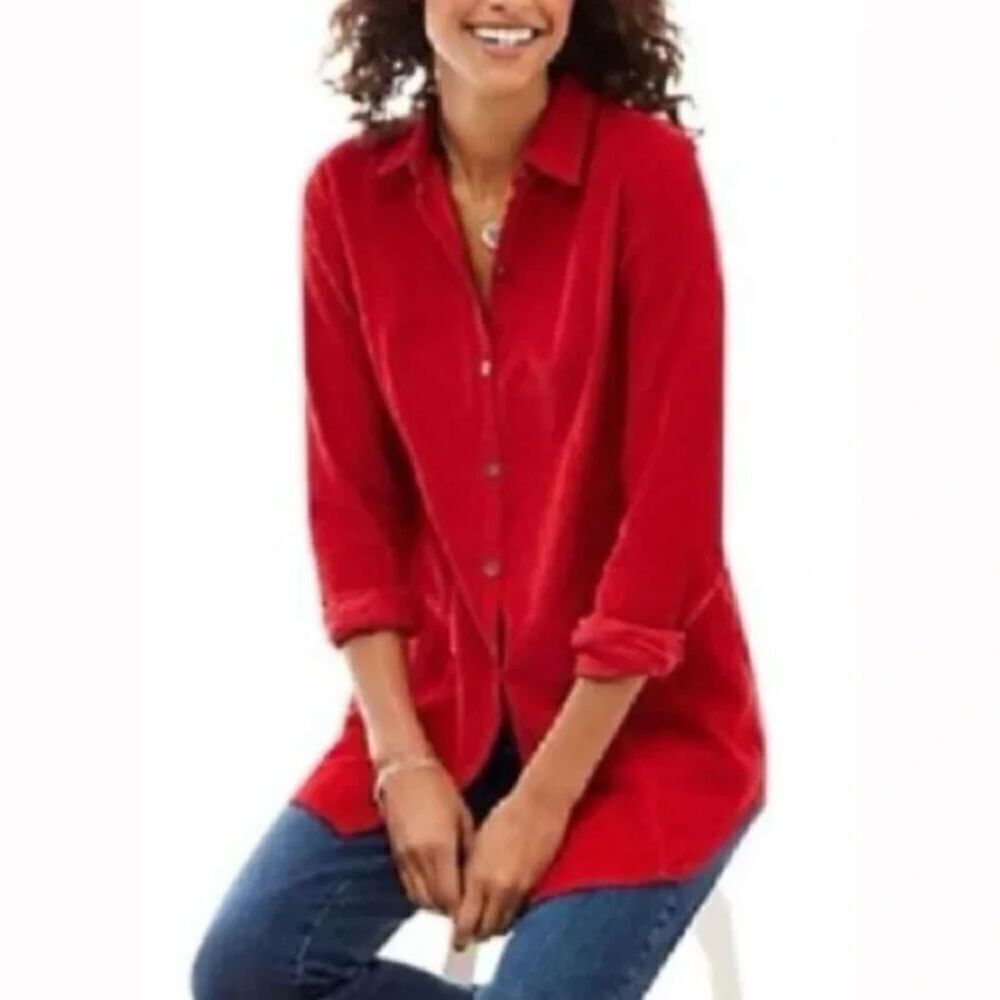 J.Jill Women Red 100% Cotton Tunic Button Down w/pockets Corduroy Blouse Small
